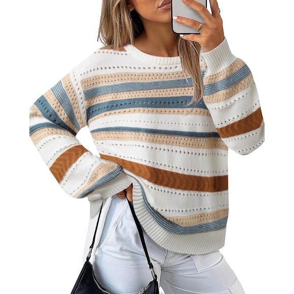 Women's Color Block Cozy Lantern Sleeve Knit Sweater Fall Casual Trendy - Picture 2 of 6